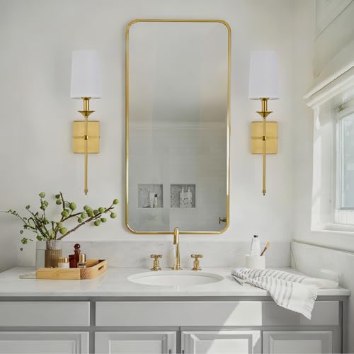 Image of Gold Wall Sconce Set of 2,Hardwired Bathroom Vanity Light Fixture with White Fabric Shade,Gold Sconce for Living Room Dining Room Fireplace Mantel
