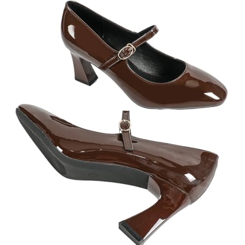 Women's Mary Jane Shoes Block Heel Round Toe Buckle High Dress Pumps