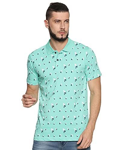 Image of KRYPTIC Men's 100% Cotton Sea Green Leaf Printed Polo Tshirt (S)