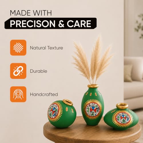 Image of Aakriti Art Creations Terra Trio Handpainted Vase Set of 3 | Warli Art Terracotta Vases in Green | Matte Finish Decorative Vases for Living Room, Table Decor & Gifting