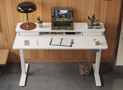 Image of FEZIBO 55 x 24 Inch Height Adjustable Electric Standing Desk with Double Drawer, Computer Desk, Home Office Stand Up Table with 4 Height-Adjustable Feets & 2 Hooks, White