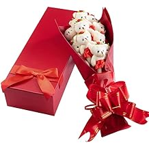 Deluxe Red Love Bear Bouquet - One Dozen Long Stemmed Roses w Plush Bears in Tutus - Gift Box w Bow - Forever Flower Bouquet of 12 Cute Teddys - Mothers Day Gift for Mom - College Graduation Bouquet