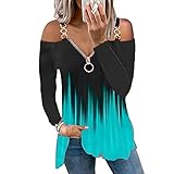 Womens Tops Plus Size Striped Gradient Ombre Print Pattern Cold Shoulder Long Sleeve Chain Strap...