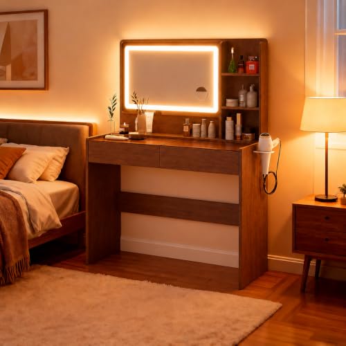 Image of Makeup Vanity Desk with LED Mirror& RGB Light,Glass Top,Power Outlet,Walnut