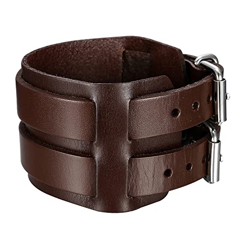 BOBIJOO Jewelry - Bracelet de Force Noir ou Marron au Choix Homme Cuir Vachette véritable Acier Double Ceinture - (Couleur) Marron