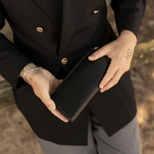 Image of Time Resistance Long Leather Wallet - Bifold Mens Suit Leather Wallet - Checkbook Wallet - Tall Billfold Card Case - Slim Wallet Made in Italy (Black)