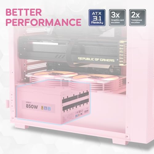 Image of Vetroo 850W Power Supply Dual PCIe 5.1 ATX 3.1 Ready, 80 Plus Gold Full Modular, Quiet Operation with 120mm FDB Fan, 10-Year Warranty -Pink