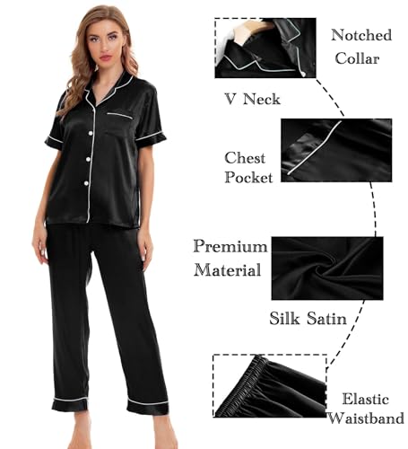 Image of SWOMOG Women Satin Pajamas Set Short Sleeve Top & Pants Sleepwear Silky Button Down Nightwear 2pcs Loungewear Pjs Set