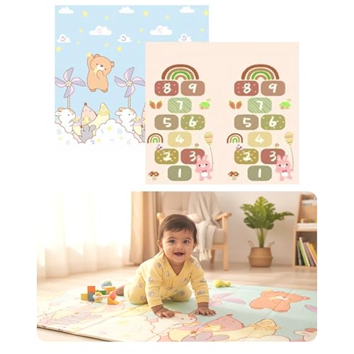 Image of Kids Station Double-Sided Waterproof Baby Playmat - Foldable, Portable & Reversible Foam Mat for Infants, Toddlers & Kids - Soft, Non-Slip, Easy-to-Clean Baby Crawling Mat for Indoor /Outdoor Use (200x150x0.8cm, Flying Bear & Rainbow Print)