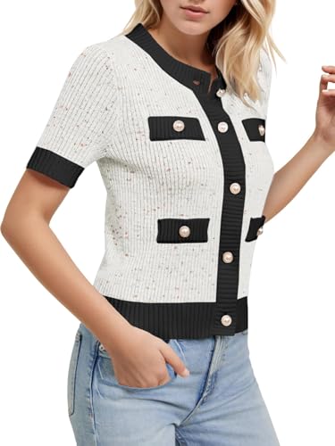 LCXWFE Womens Cropped Short Sleeve Cardigan Sweaters Crew Neck Button Down Tweed Cardigans Knitwear Tops with Pockets3