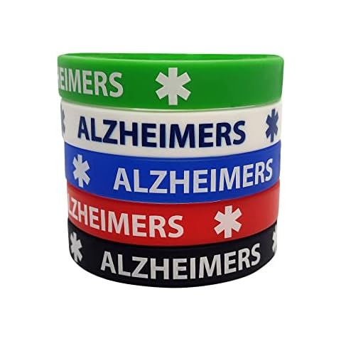 ALZHEIMERS Silicone Bracelets (5 Pack) Wristbands Medical Alert Adult Size 7.8" for Men Women Cover