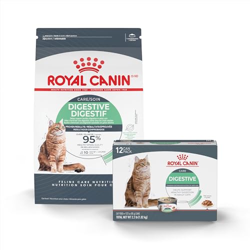 Image of Royal Canin Feline Care Digestive Care Thin Slices in Gravy Wet Cat Food, 3 oz can (12-Count) Digestive Care Dry Cat Food, 3 lb Bag