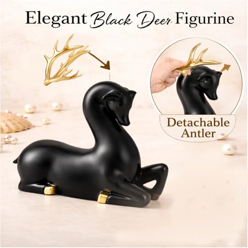 Image of ARMONIA Black Reindeer Figurine with Gold-Toned Antlers Seated Decorative Statue in Lightweight & Durable Design | Luxury Home Decor Accent & Perfect Gifting, Figurine for Home Decor Gift,Housewarming