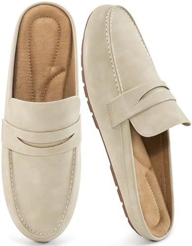 HARENCE Mules for Women Flats Shoes: Comfortable Dressy Round Toe Backless Mule Slides Casual Walking Slip On Work Loafers Beige