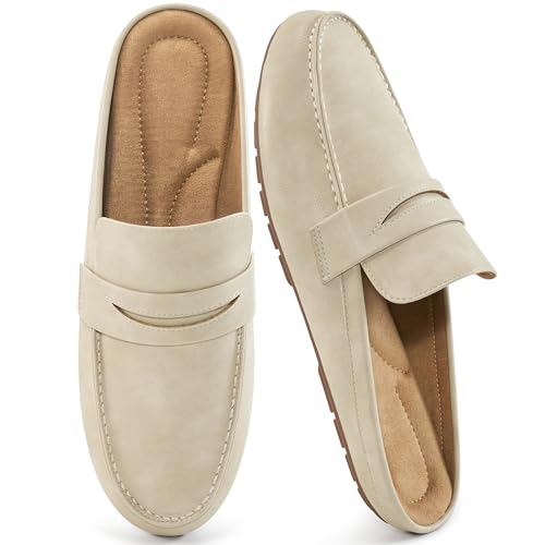 HARENCE Mules for Women Flats Shoes: Comfortable Dressy Round Toe Backless Mule Slides Casual Walking Slip On Work Loafers Beige