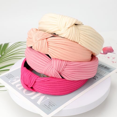 Image of DRESHOW 4 Pack Knotted Headbands For Women Wide Turban Headband Yoga Exercise Ribbing Head Wraps Hair Bands Accessories