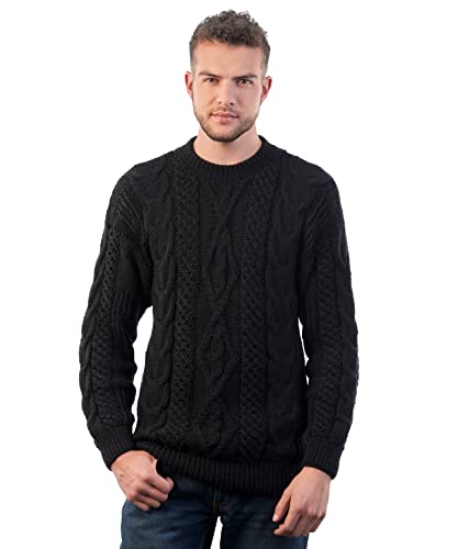 INTIALPACA Men’s Crewneck Black Hand Woven Irish Alpaca Sweater - Nordic Pullover - Peruvian Crafted (Large)