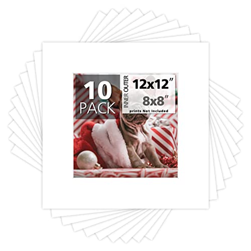 Mat Board Center, Pack of 10, 12x12 for 8x8 White Color Mats - Acid Free, 4-ply Thickness, White Core - for Pictures, Photos, Framing