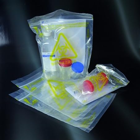 Sacs de transport d'échantillons en polyéthylène en 2 parties, la 1 avec fermeture zip-lock minicharnière, avec symbole et mention BIOHAZARD. Dim sac 155x175mm poche ouverte 155x235mm conf de 50