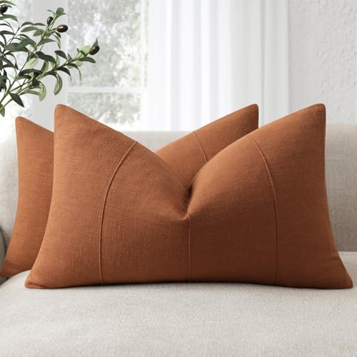 ZWJD 12x20 Pillow Covers Set of 2 Decorative Linen Lumbar Pillow Covers Solid Handcrafted Striped Cushion Covers for Bed Soft Modern Farmhouse Neutral Pillowcase for Couch Bedroom Living Room (Rust)