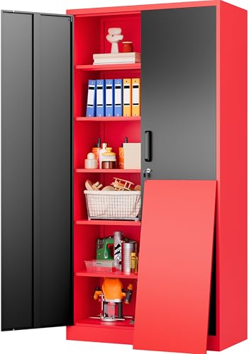 Image of SISESOL Wide & Deep Metal Storage Cabinet with 5 Shelves,72 inch Tall Red Garage Storage Cabinet with Lock,Metal Cabinets with Locking Doors,Lockable Steel Cabinets for Home,Office,Shop,Garage,72x36x18