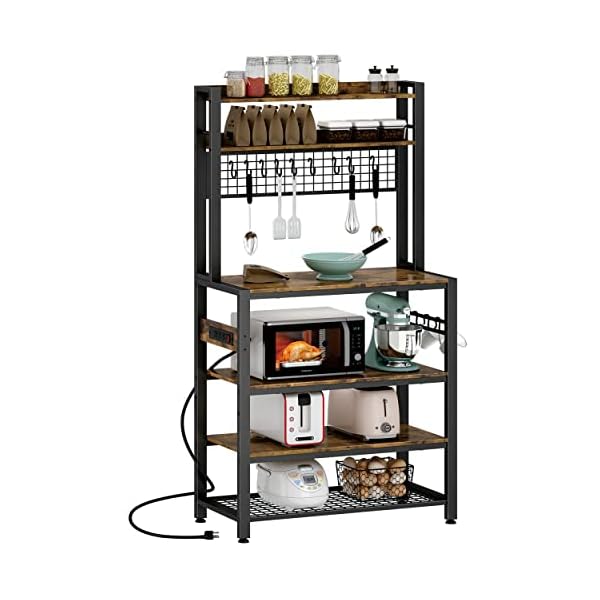 HHETOGOL Bakers Racks for Kitchens with Storage, Bakers Rack with Power Outlet, Coffee Bar, Kitchen Storage Rack with 10 S-Hooks, Kitchen Shelves for Spices, HPJ01B