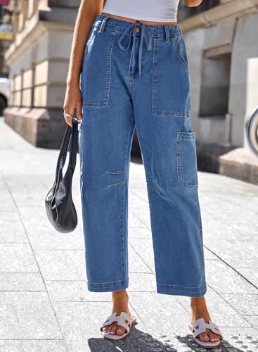 Dokotoo Jeans for Women Casual High Waisted Straight Wide Leg Pants Loose Cargo Denim Pants with Pockets2