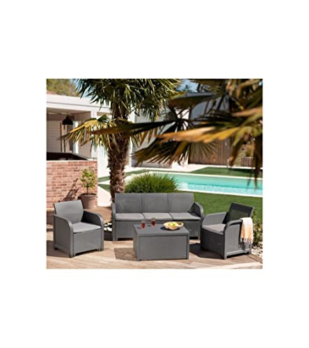 ALLIBERT by KETER - Salon de Jardin Sanremo Storage 5 Places - Table Basse Coffre Range-Coussins - Imitation rotin tressé - Gris Cover