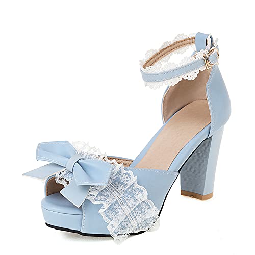 Women Fashion Sweet Bownot Lace D'Orsay Lolita Princess Single Shoes High Heels Ankle Strap Peep Toe Maid Mary Jane Pumps