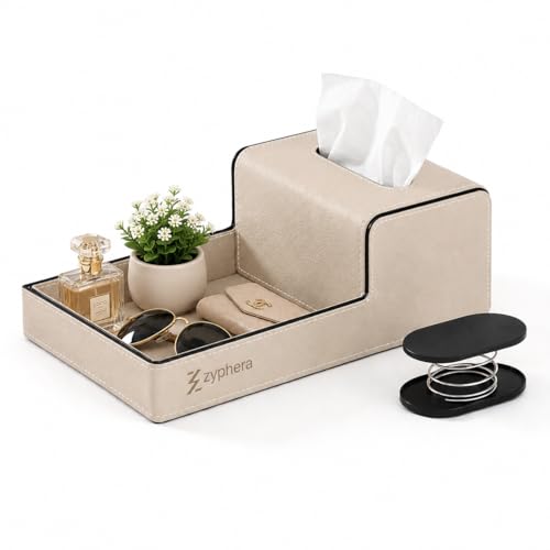Zyphera PU Leather Tissue Box Holder Tissue Box Cover with Tray & Lifter Magnetic Closure Dispenser Easy Refill Fits Standard Tissue Handmade Home Decor for Living Room Bedroom & Office (Beige)