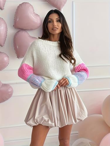 Women's Knitted Sweater, Color Blocked Bubble Sleeves, Crew Neck, Chunky Knit4