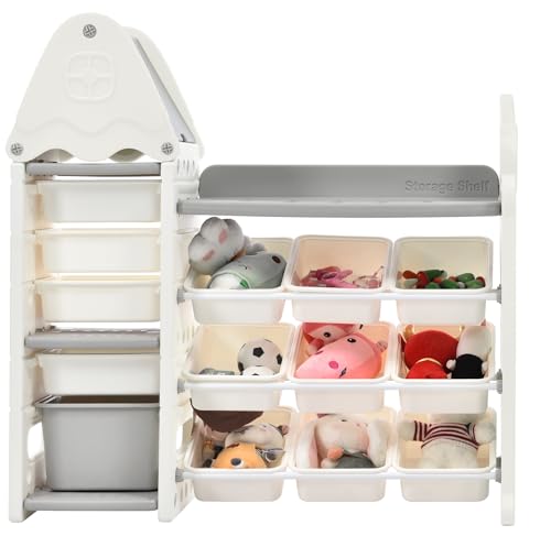 HSUFLWS Toy Storage with 14 Bins, Toy Organizer with Hanging Racks, Top Storage Shelf for Bedroom, Living Room, Kids Room, ASTM Professional Organization Tested. (Gray)
