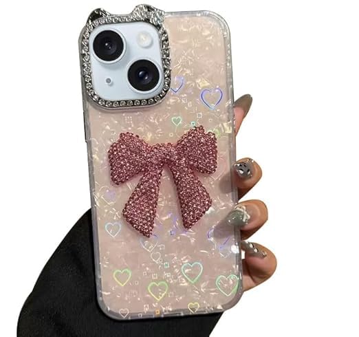 Image of mobistyle Compatible with iPhone 14 Plus | Rhinestone Bow Elegant Heart Shell Pattern and Camera Lens Protection Back Cover Case for Women Girls iPhone 14 Plus (Pink)