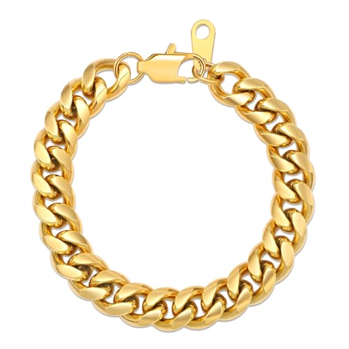 Memgift Gold Plated Bracelet for Men Stainless Steel Chain Bracelets for Men Cuban Link Bracelets Trendy Curb Chain Minimalist Bracelet Women Jewelry Gifts 10mm 8inches