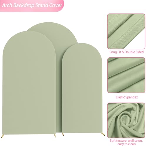 Image of Wokceer Wedding Arch Backdrop Cover 7.2FT, 6.6FT, 6FT Set of 3 Spandex Fitted Sage Green Arch Covers for Round Top Chiara Arch Backdrop Stands Cover for Birthday Party Ceremony Decor