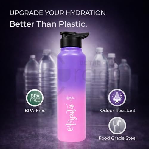 Image of COURAGE Stainless Steel Customize Sipper Water Bottle 1Liter Leak Proof for Fridge Home Office Travel School Kids Boys Girls Adults Sports Gym Yoga - Light Pink- Purple