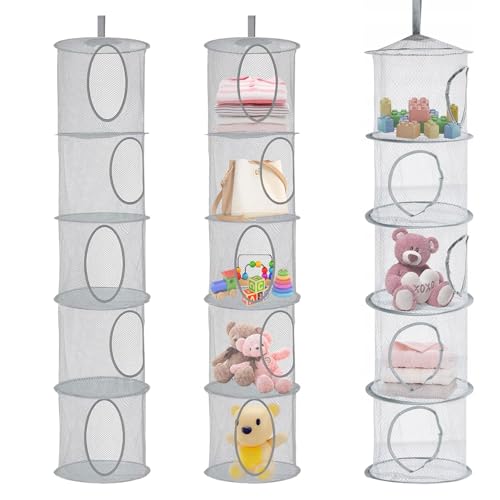 3 Stück Faltbare Hängeaufbewahrung Organizer,Grau Speichern Sie Platz Lagerkorb,5 Fächer Hängeregal Mesh Hängende Netz-Aufbewahrungstasche,für Kuscheltier Aufbewahrung,Kinderzimmer