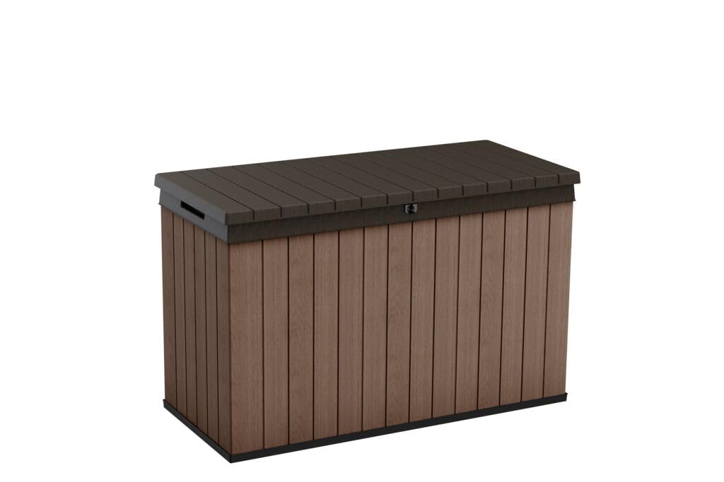 Keter Darwin Gartenbox 662L Braun – Wetterfeste Outdoor Aufbewahrungsbox in Holzoptik, abschließbarer Deckel mit Hydrauliksystem, UV-geschützt, wartungsfrei, Sitzgelegenheit für 2 Personen
