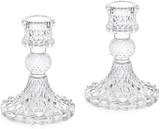 Sziqiqi Glass Candlestick Holders Set of 2, Clear Glass Taper Candle Holder, Elegant Crystal Candle Holders for Table Centrepieces for Dining Living Room Wedding Party