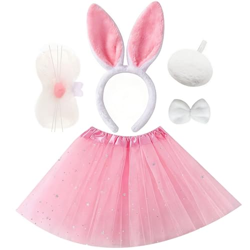 WFKKMEQ Hasen Kostüm Set 5PCS Hasen Verkleidung Zubehör mit Hasennase Haarreif Stirnband Schwanz Tutu Rock Fliege Hasenkostüm Kinder Kostüm Accessoires für Ostern Karneval Fasching Cosplay