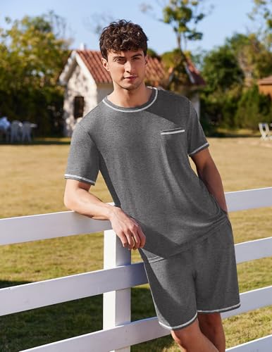 Image of Ekouaer Men's Pajamas Set Casual Short Sleeve Shirts and Shorts Soft 2 Piece Loungewear With Pockets