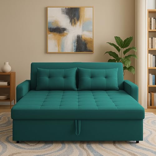 Image of Casaliving Treshta 2 Seater Pull-Out Premium Fabric Sofa Cum Bed Sofa Set for Living Room (Pine Fabric Color) Premium Fabric Sofa Set for Living Room Hall