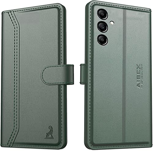 AIBEX ® Samsung Galaxy A14 5G Flip Cover Leather Finish | Inside TPU with Card Pockets | Wallet Stand | Complete Protection Flip Case Green- Best and cheap mobile covers in India