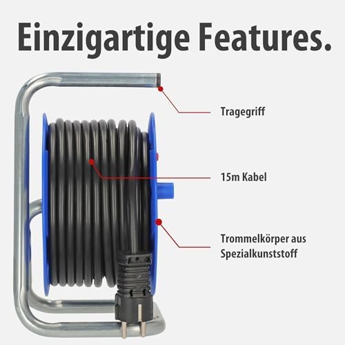 Bild 3 - Brennenstuhl Garant Kompakt Kabeltrommel/Kabelrolle mit 4 Steckdosen (15m Kabel in schwarz, aus Spezialkunststoff, Made in Germany)