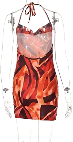 Backless Print Halter Sleeveless Mini Dress Women Summer Fall Sexy Casual Clothing Lady Neon Color Fashion Outfits (Small,Orange) #TOP3