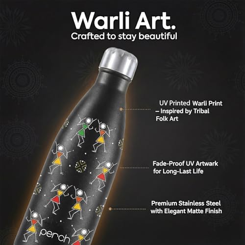 Image of Perch Retro Stainless Steel Water Bottle 980 ml | Hot & Cold Flask | Vacuum Insulated | ISI Certified | Leak Proof | BPA Free | for Office, School, Gym, Home & Travel | Warli Art | Crafted by Pexpo