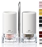 Weiße Salz- und Pfefferstreuer mit Halter - Elegantes Salzstreuer und Pfefferstreuer aus Edelstahl mit Acrylhalter für Küchentheke oder Restauranttisch