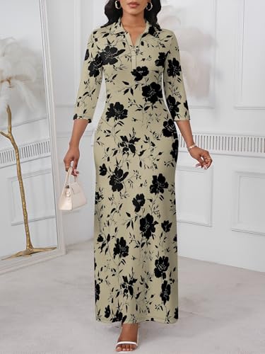 Image of PinkPatty Women's Casual 3 /4 Sleeve Polo V Neck Bodycon Maxi Dress | Semi formal, modest style, long fitted, versatile for church, work, business, office and daily wear