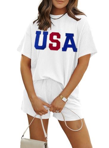 Image of MARZXIN Women 2 Piece Shorts Set 2026 Casual Summer Cruise Outfits Ribbed Loose Short Sleeve Pocket Matching Lounge Sets