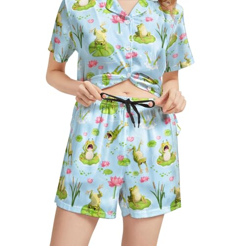 Image of Funny Pajamas for Women Set Print Satin Loungewear Pjs Short Sleeve Button Down Top and Shorts Sets Sleepwear XS-3XL